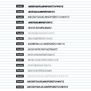 May include: A chart showing 16 different fonts, labeled Font 31 through Font 46, with the alphabet in each font.