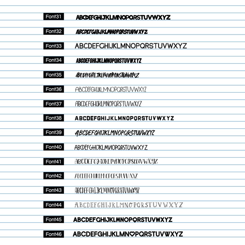 May include: A chart showing 16 different fonts, labeled Font 31 through Font 46, with the alphabet in each font.