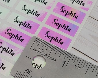 Pegatinas con nombre holográficas rosas impermeables, tamaño mini.