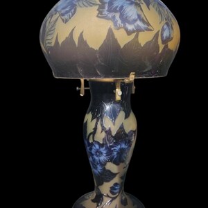 May include: An antique table lamp with a floral design. The lamp features a beige and blue glass shade with a dark blue base. The shade and base are decorated with blue flowers and dark blue leaves. The lamp is a decorative lighting fixture.