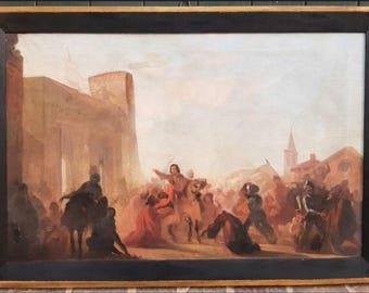 May include: An antique oil painting depicting a historical scene with figures on horseback and in period clothing. The artwork features a crowd gathered in a town square, with buildings and a church steeple in the background. The painting is framed in a black and gold frame.