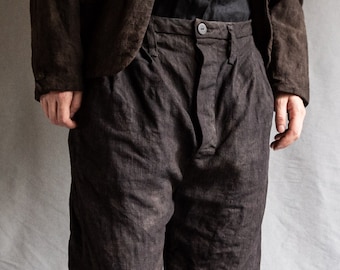 Men's dark grey linen pants HEMINGWAY. Naturally dyed buttoned trousers linen mens clothing vintage antique classical french work hand dyed