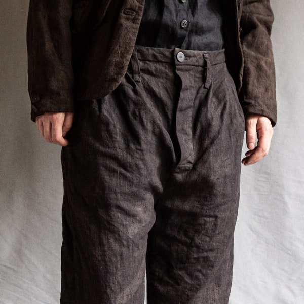 Dark grey linen pants HEMINGWAY. Naturally dyed buttoned trousers linen womens clothing vintage antique classical french work hand dyed