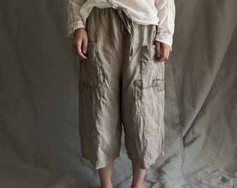 Men's linen shorts MILE. Linen pants linen trousers linen mens clothing wide linen pants linen culottes patched boro pants vintage rustic