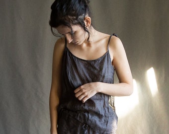 Top de lino para mujer MORNING, gasa de lino semitransparente negro roto