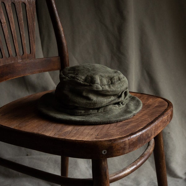 Dusty green edora hat TOPINAMBUR. Natural linen, bohemian hat handmade vegan women's hat men's rustic boho organic antique avant garde