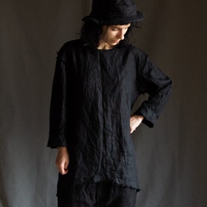 XS-S size | Womens black linen top GHOST. Gothic dark fashion linen shirt linen tunic raw hems blouse artsy minimalist unfinished goth