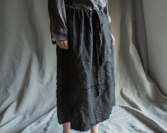 XS-S-M size | Black linen skirt made of separate scraps with raw hem and patches BLUR. 100% natural linen women's clothing, linen dress