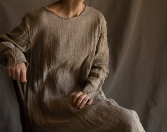 Long natural grey linen dress NOMAD with raw hems and side pockets