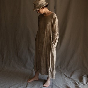 Long natural grey linen dress NOMAD with raw hems and side pockets Natural grey (sack)
