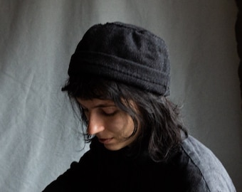 Charcoal woolen hat SEVER. Dark grey hand stitched black eco friendly cap handmade womens minimalist gothic docker hat japanese winter cap