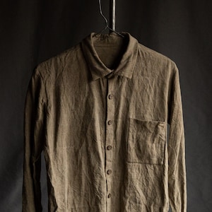 Men&#39;s heavy linen FATHER&#39;S SHIRT. Men&#39;s work shirt warm weighty thick shirt light grey undyed mens clothing hand stitched sturdy winter