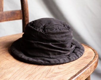 Hat TOPINAMBUR, overdyed dark grey linen, wrinkly and distorted