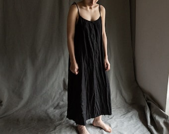 Black linen dress HAZE. Linen slip dress gothic dress linen womens clothing camisole avant garde hand stitched vintage minimalist raw hem