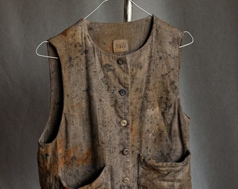Men's rusty linen vest YOKO. Rust grey hand dyed splotchy linen waistcoat vintage antique avant garde Japanese natural dye wabi sabi sack