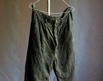 Men's dark green linen pants HEMINGWAY. Naturally dyed buttoned trousers linen mens clothing vintage antique french work hand dyed bottle