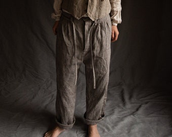 Mens grey linen pants HEMINGWAY. Buttoned trousers woolen pants linen mens clothing victorian vintage antique classical french work pants