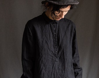 Black linen shirt EDINBURGH. Linen women clothing vintage blouse antique bohemian peasant victorian shirt flax henley halfway down grey