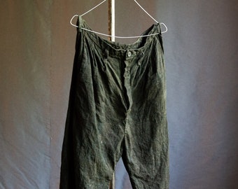 Dark green linen pants HEMINGWAY. Naturally dyed buttoned trousers linen womens clothing vintage antique french work hand dyed khaki bottle