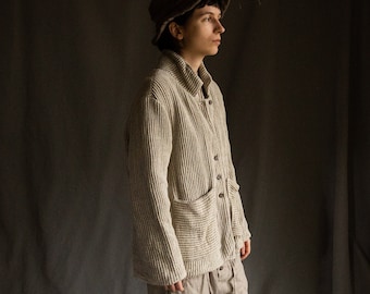 Natural linen blazer WAFFLE. Linen jacket undyed linen blazer women cardigan knitted raw waffle flax textured avant garde raw hem grey