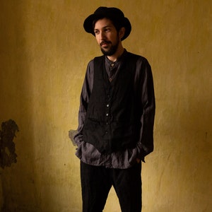 Black vintage waistcoat AUTOGRAPH. Linen vest, black waistcoat, antique clothing, vintage clothes, bohemian, classical raw linen boho mens
