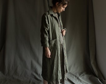 Linen shirt dress FOREST. Linen women's clothing dusty green khaki duster vintage dress bohemian boho jacket linen blazer wrap heavy flax