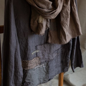 Women&#39;s boro shirt MOSS, off black linen, stitches and patches
