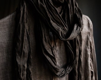 Naturally dyed linen scarf AIR. Dark brown grey hand dyed painted linen scarf summer long scarf flax softened vintage gothic raw hem string