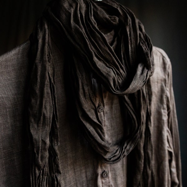 Naturally dyed linen scarf AIR. Dark brown grey hand dyed painted linen scarf summer long scarf flax softened vintage gothic raw hem string