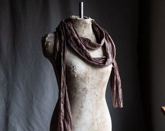 Naturally dyed linen scarf AIR. Purple grey pink hand dyed painted linen scarf summer long scarf flax softened vintage raw hem washed out