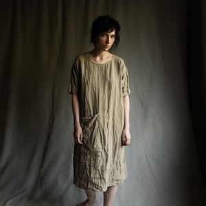 Undyed papyrus linen dress INK with raw hems and large pocket. Sandy rustic loose japanese oversized dress wrinkled aged old distorted