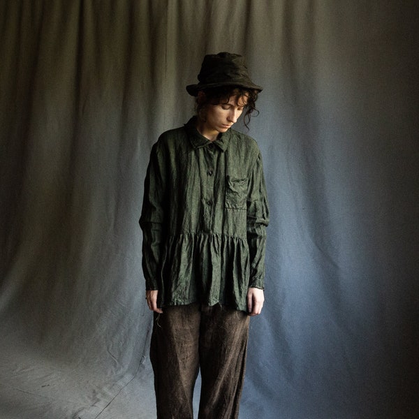 Dark emerald linen shirt BALLERINA. Vintage green melange linen women clothing blouse antique avant garde loose raw wabi sabi frayed artisan