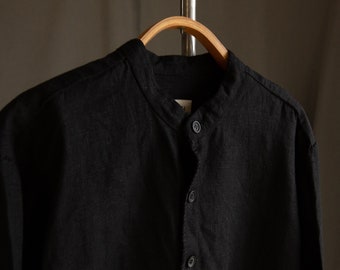 Men's black heavy linen shirt EARTH with black buttons. Man winter shirt warm shirt thick minimalist linen men clothing hand stitched artsy