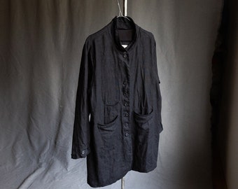 Men's black linen coat CERVANTES. Heavy linen flax jacket blazer minimalist organic eco natural raw avant garde hand stitched vintage dark