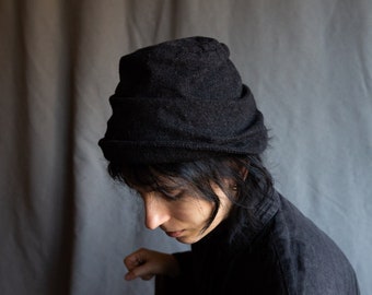 Charcoal woolen hat LAVA. Dark grey hand stitched black eco friendly cap handmade womens minimalist gothic japanese winter cap brimless