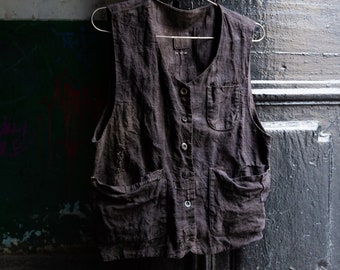 Men's hand dyed linen vest BORO. Dark grey linen vest vintage waistcoat antique hand stitched wabi sabi avant garde natural dye raw