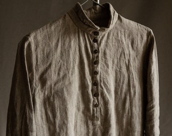 Chemise homme en lin ÉDIMBOURG. Chemisier vintage en lin pour homme, vintage bohème paysan victorien lin henley à mi-hauteur gris naturel