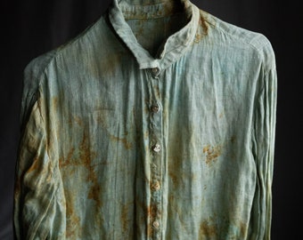 Hand dyed splotchy shirt FADE. Semi sheer linen women vintage blouse antique shirt avant garde hand dye splotchy rust hand painted wabi sabi