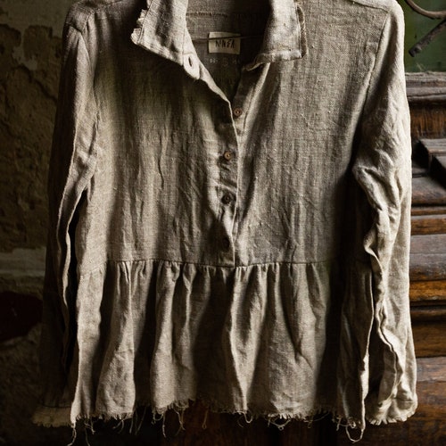 Sackcloth linen shirt NOSTALGIA. Linen women clothing vintage blouse antique bohemian peasant victorian shirt henley undyed flax grey beige
