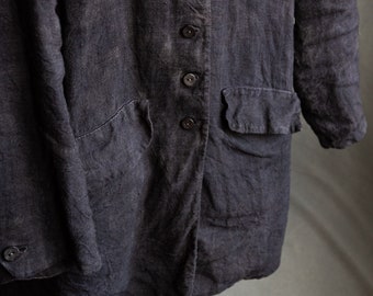 Men's dark bluish grey coat ENGLAND. Long linen blazer jacket navy raw flax antique victorian vintage classical naturally dyed stitched