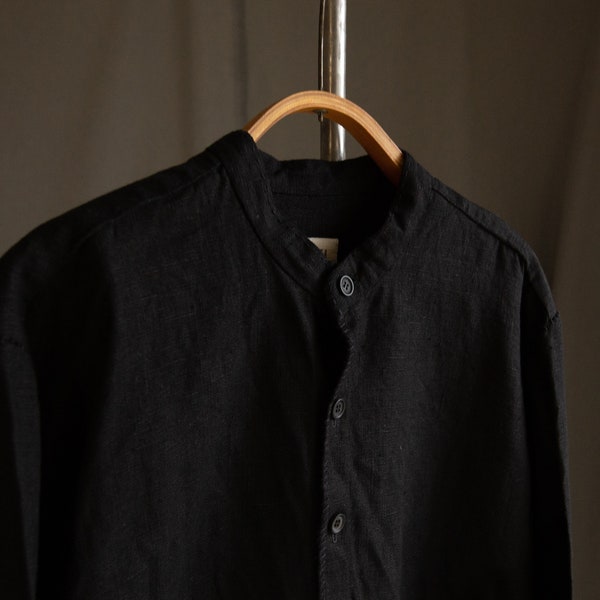 Men's black heavy linen shirt EARTH with black buttons. Man winter shirt warm shirt thick minimalist linen men clothing hand stitched artsy