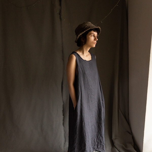 Off black linen dress WATER. Linen womens clothing raw hem dark grey navy flax bohemian summer avant garde smock tunic dress unfinished