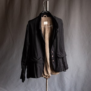 Black linen blazer ENGLAND. Linen jacket hand dyed blazer antique clothes women vintage flaps classical wabi sabi natural dye splotchy aged
