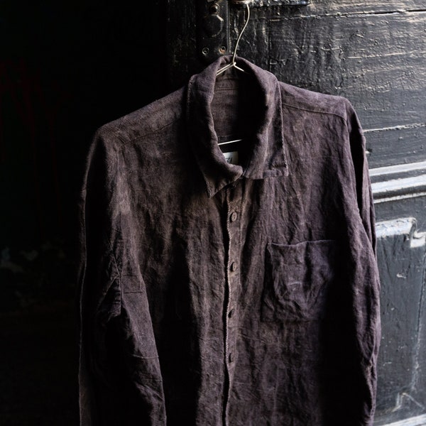 Men's heavy linen FATHER'S SHIRT. Men's work shirt warm weighty thick shirt dark grey navy hand dyed natural dye mens clothing hand stitched