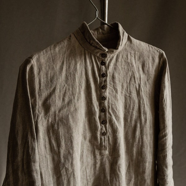 Men's linen shirt EDINBURGH. Linen mens clothing vintage blouse antique bohemian peasant victorian flax henley halfway down natural grey