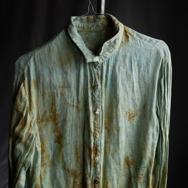 Hand dyed splotchy shirt FADE. Semi sheer linen women vintage blouse antique shirt avant garde hand dye splotchy rust hand painted wabi sabi