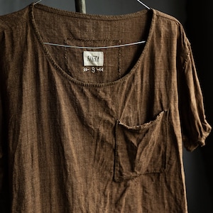 Men's linen t-shirt INK. Men's linen clothing cinnamon brown mustard flax shirt loose hand stitched japanese avant garde orange wrinkled image 2