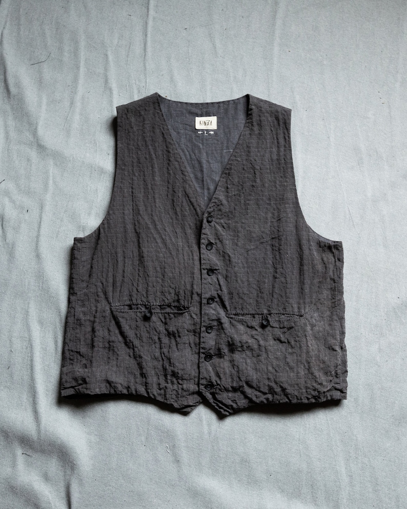 Hand dyed linen waistcoat MILL. Dark grey linen pinstripe vest vintage waistcoat antique classical hand stitched avant garde wabi sabi image 2