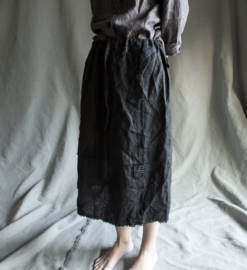 boro Black linen skirt made of separate scraps with raw hem and patches BLUR linen dress 100/% natural linen women/'s clothing drawstring