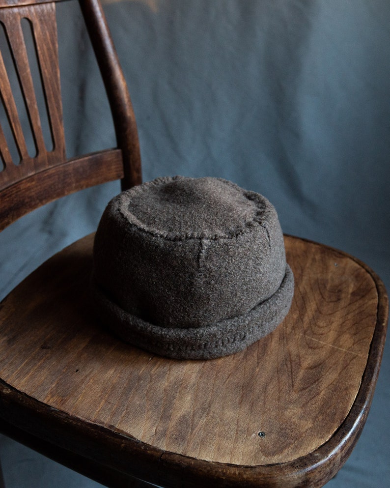 Brown woolen hat SEVER. Beige grey hand stitched taupe eco friendly cap handmade womens minimalist docker hat japanese winter cap natural image 1